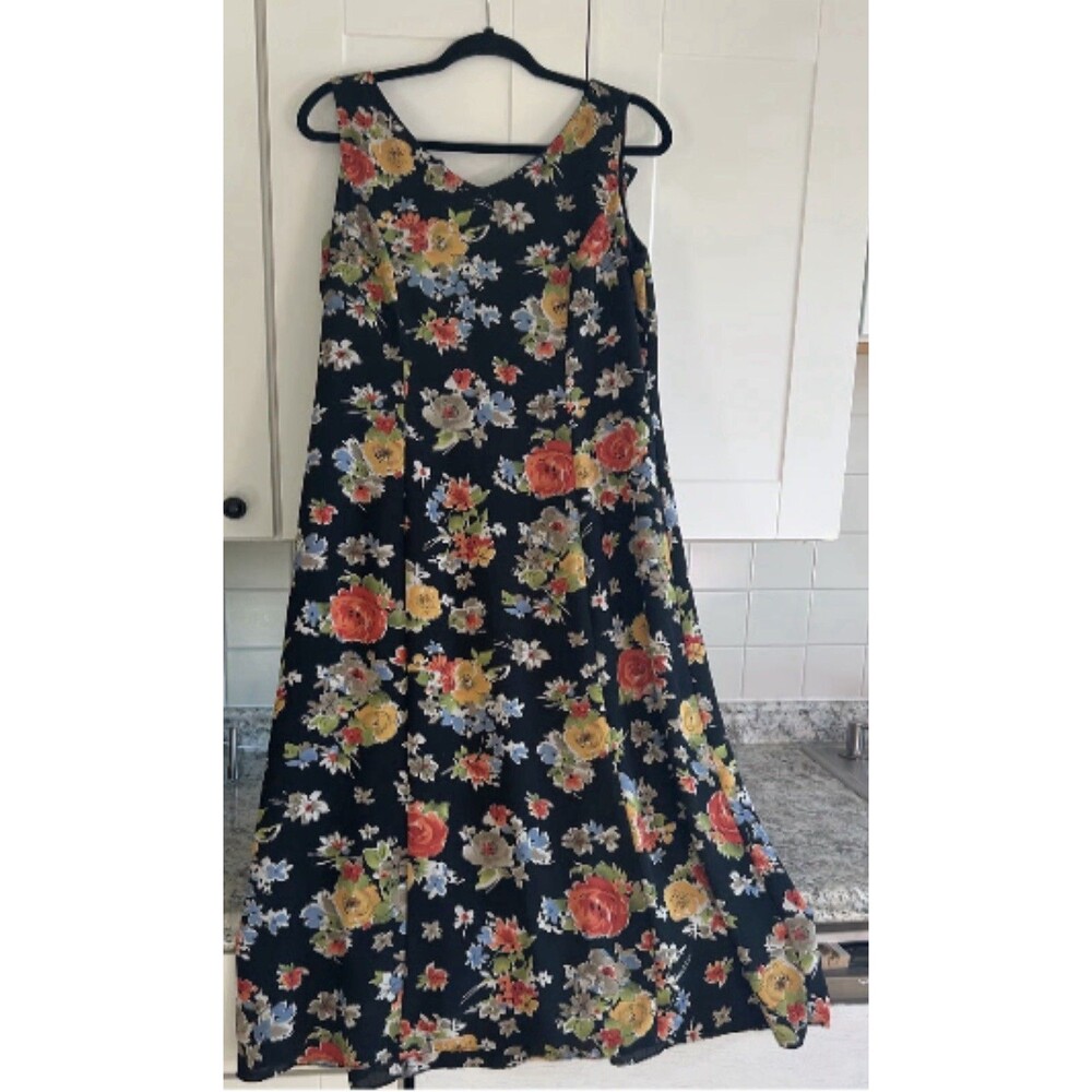 Coldwater Creek Sleeveless Floral Maxi Dress Black Multicolor Lined Sz 12